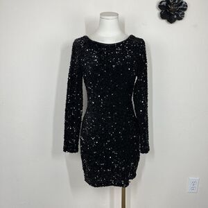 Crystal Sky Sequin Dress Womens Small Black Bodycon Open Back Party Cocktail